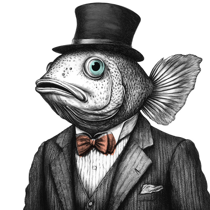 Drawing of a fish weaing a suit and a top hat