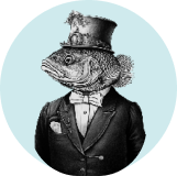 Illustration of a fish dressed in a suit wearing a top hat.